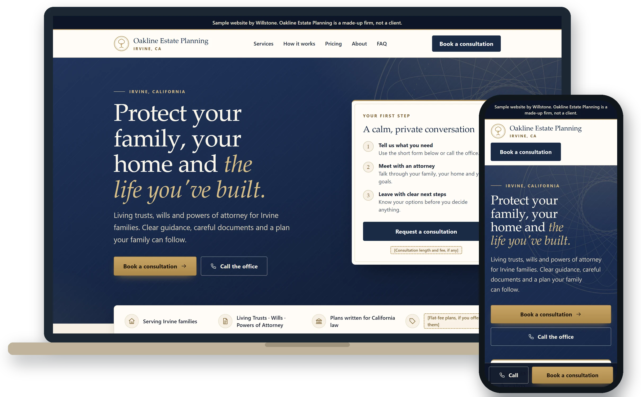 A sample estate planning website by Willstone, on a laptop and a phone